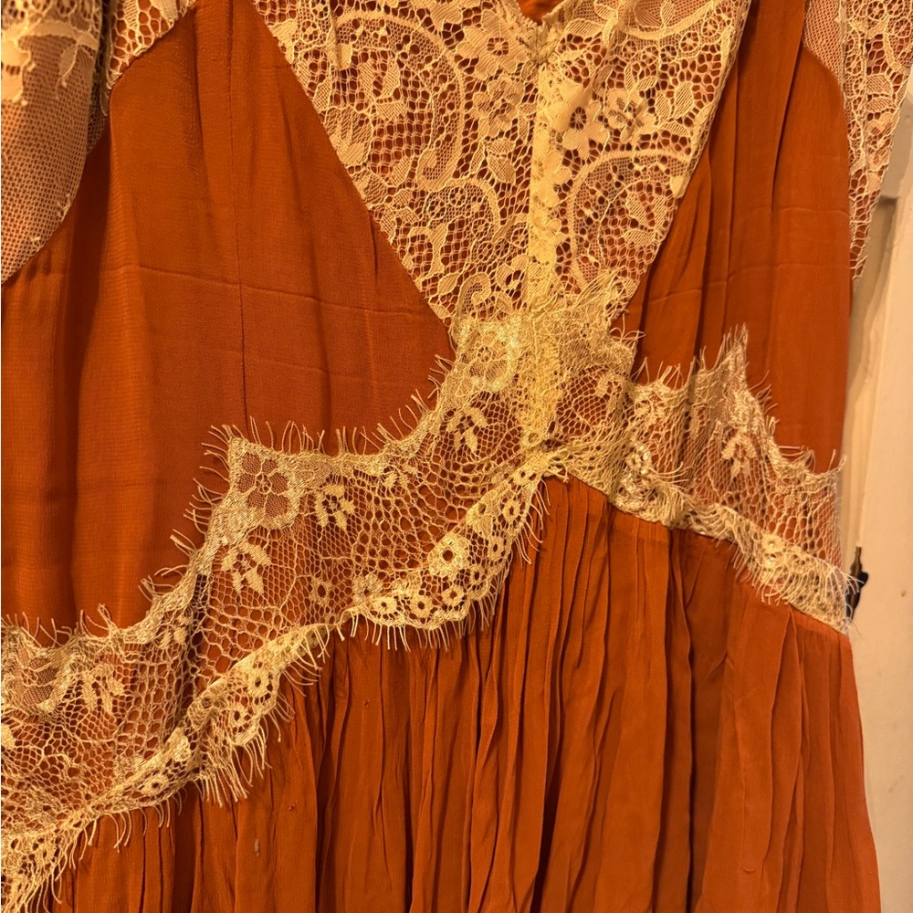 By Anthropologie Sleeveless Asymmetrical Lace Rust Slip Dress 10 - Picture 8 of 9